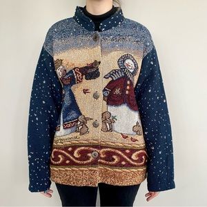 Vintage Sugar Street Weavers Christmas snowman winter scene tapestry jacket. 💙